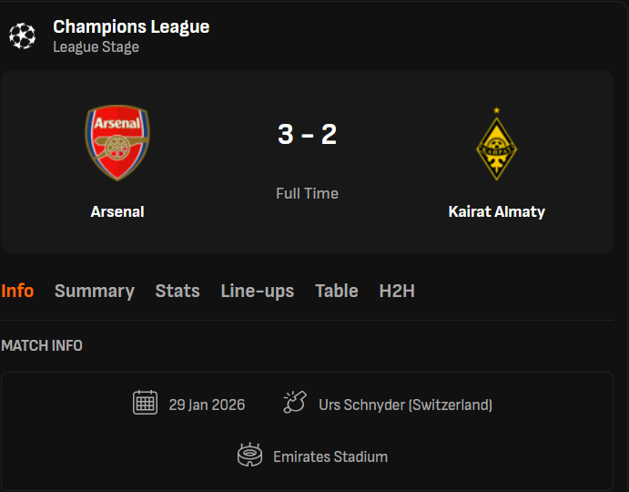 ผลบอลสดล่าสุด อาร์เซน่อล vs ไครัต อัลมาตี #ผลบอลล่าสุด