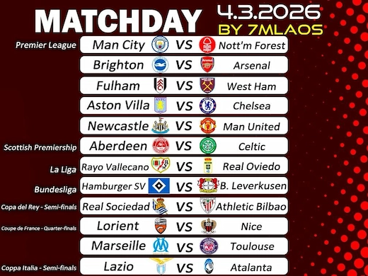 ทีเด็ดฟุตบอล 4 มีนาคม 2026 จัดเต็มทุกคู่ทุกสนาม เน้นราคา #ดูบอลสด