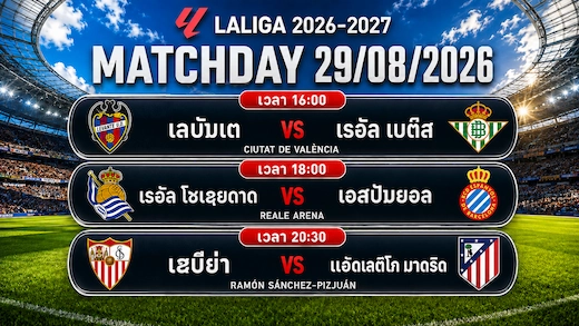 ເດັດບານ ວັນທີ 29 ສິງຫາ 2026 ຈັດເຕັມ ທຸກຄູ່ ທຸກສະໜາມ
